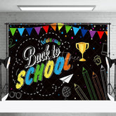 Aperturee - Aperturee Welcome Back to School Chalkboard Backdrop Colorful Pennants Education Party Decor Photography Background