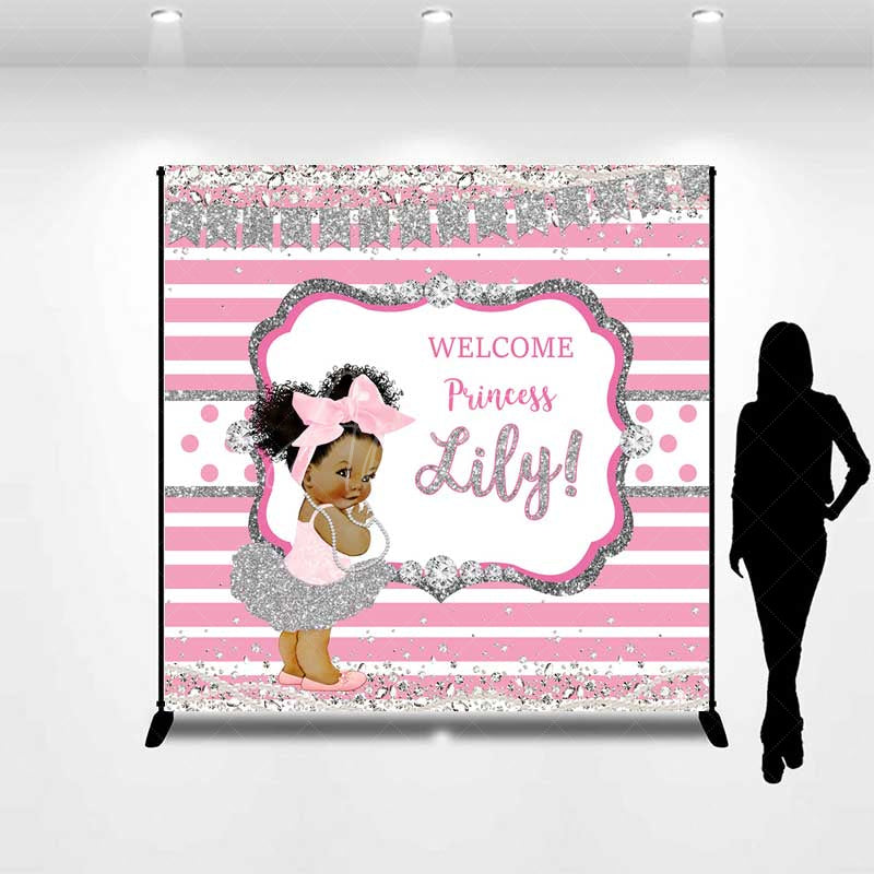 Aperturee - Aperturee Welcome Princess Custom Name Backdrop Pink and Silver Stripe with Diamonds Royal Baby Girl Shower Photo Prop