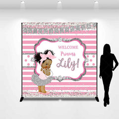 Aperturee - Aperturee Welcome Princess Custom Name Backdrop Pink and Silver Stripe with Diamonds Royal Baby Girl Shower Photo Prop