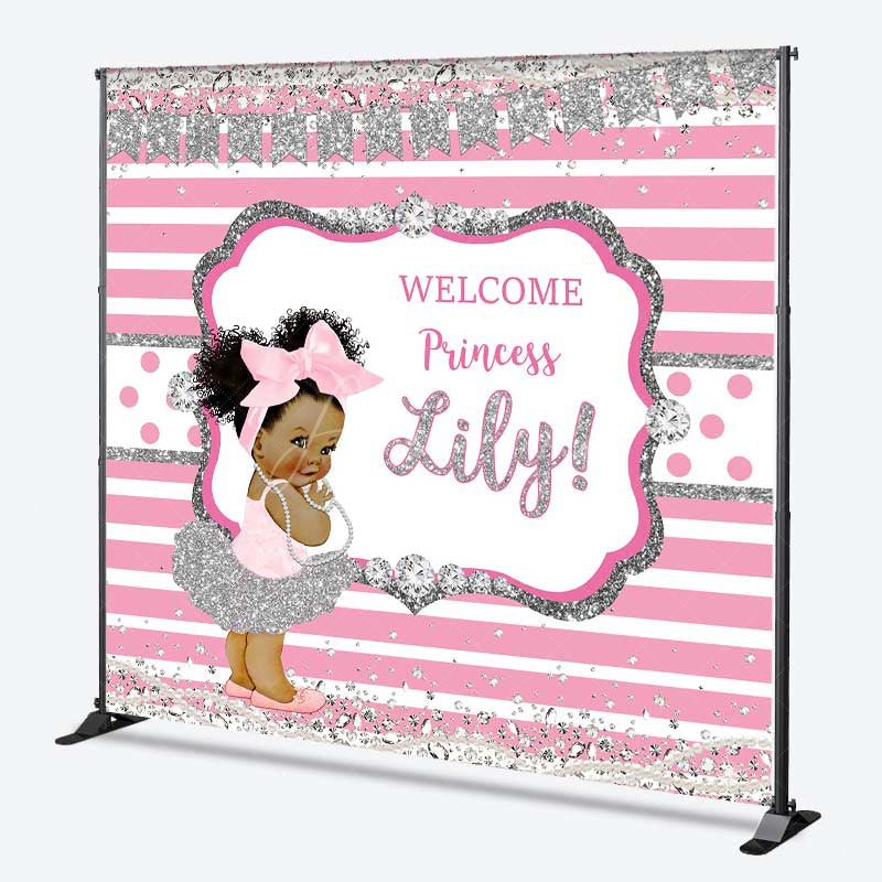 Aperturee - Aperturee Welcome Princess Custom Name Backdrop Pink and Silver Stripe with Diamonds Royal Baby Girl Shower Photo Prop