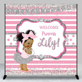 Aperturee - Aperturee Welcome Princess Custom Name Backdrop Pink and Silver Stripe with Diamonds Royal Baby Girl Shower Photo Prop