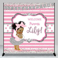 Aperturee - Aperturee Welcome Princess Custom Name Backdrop Pink and Silver Stripe with Diamonds Royal Baby Girl Shower Photo Prop