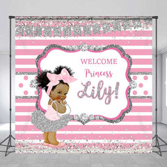 Aperturee - Aperturee Welcome Princess Custom Name Backdrop Pink and Silver Stripe with Diamonds Royal Baby Girl Shower Photo Prop
