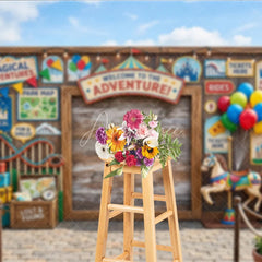 Aperturee - Aperturee Welcome to the Adventure Carnival Wooden Photography Backdrop with Balloons and Carousel Horse Festive Party Decor