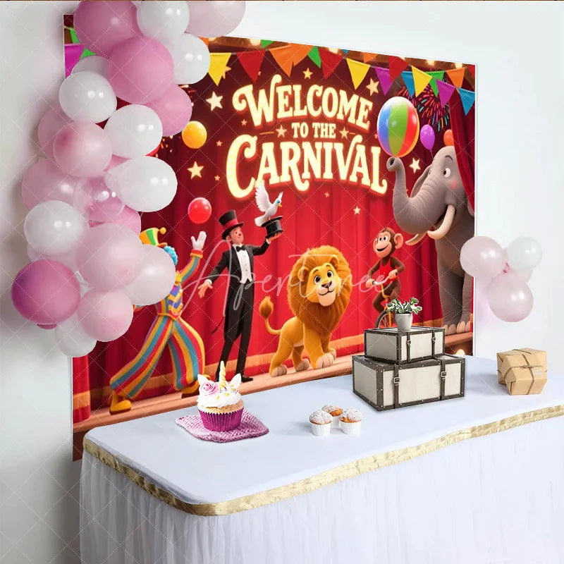 Aperturee - Aperturee Welcome to the Carnival Birthday Backdrop Circus Theme with Animals and Ringmaster Fun Fair Party Photo Booth Decor