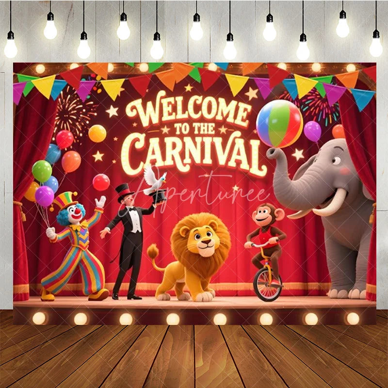 Aperturee - Aperturee Welcome to the Carnival Birthday Backdrop Circus Theme with Animals and Ringmaster Fun Fair Party Photo Booth Decor
