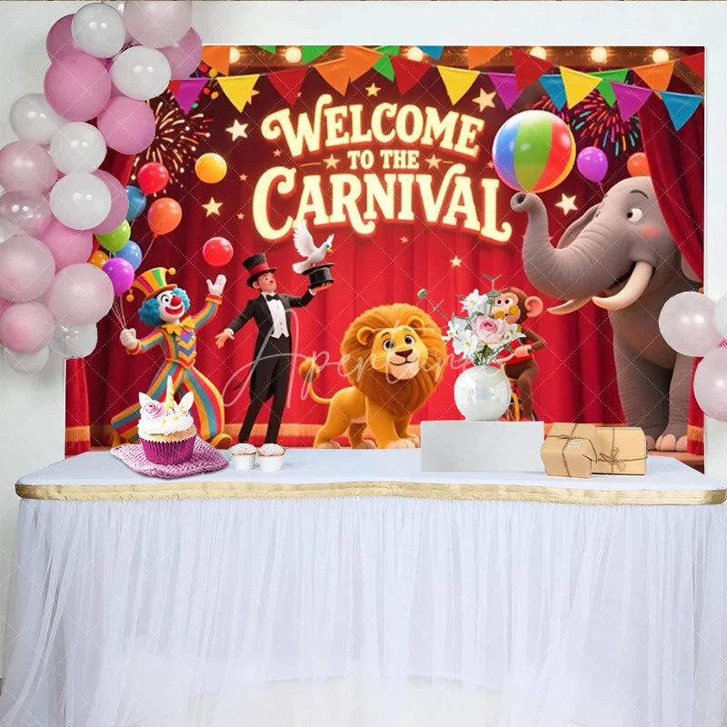 Aperturee - Aperturee Welcome to the Carnival Birthday Backdrop Circus Theme with Animals and Ringmaster Fun Fair Party Photo Booth Decor