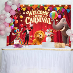 Aperturee - Aperturee Welcome to the Carnival Birthday Backdrop Circus Theme with Animals and Ringmaster Fun Fair Party Photo Booth Decor