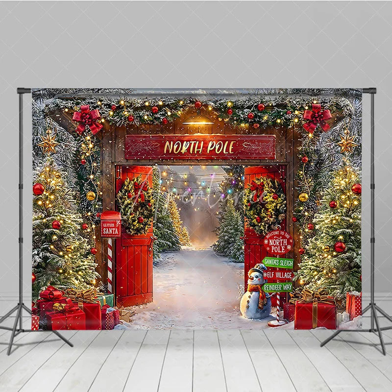 Aperturee - Aperturee Welcome to the North Pole Christmas Backdrop Santa’s Elf Village and Sleigh Winter Wonderland Party Decor