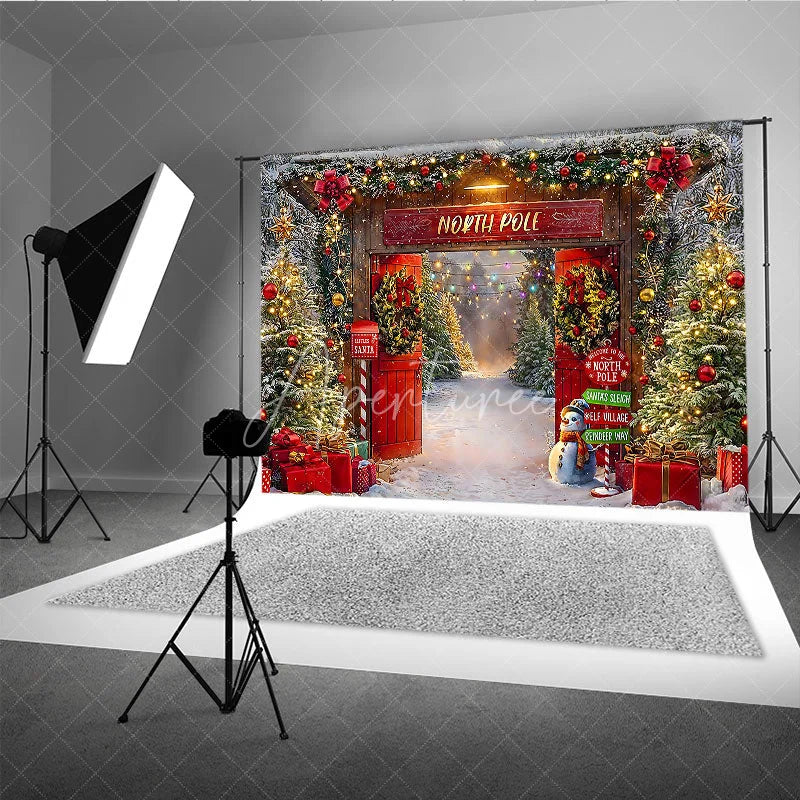 Aperturee - Aperturee Welcome to the North Pole Christmas Backdrop Santa’s Elf Village and Sleigh Winter Wonderland Party Decor