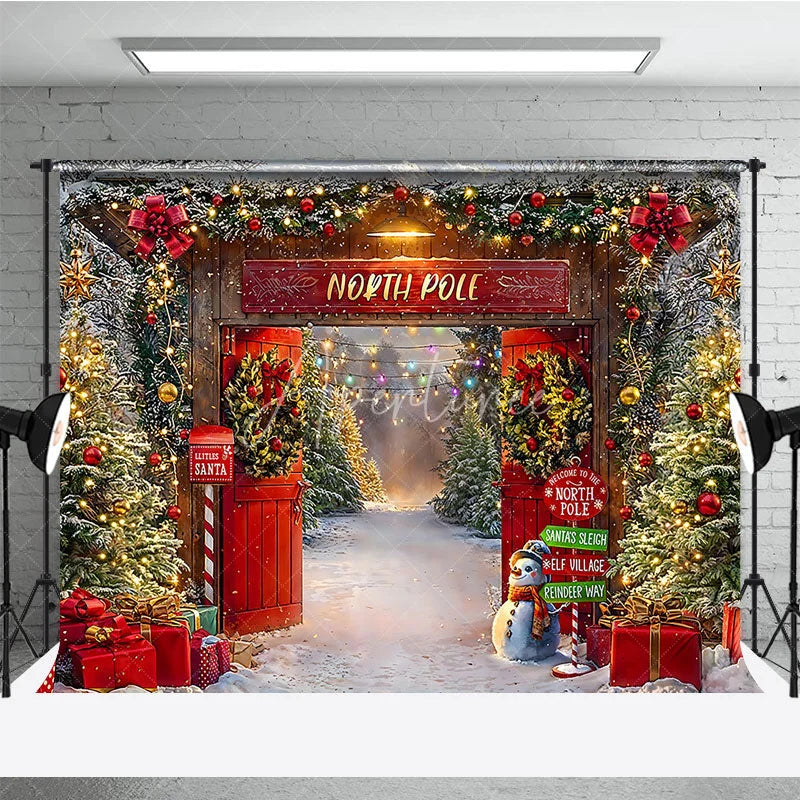 Aperturee - Aperturee Welcome to the North Pole Christmas Backdrop Santa’s Elf Village and Sleigh Winter Wonderland Party Decor