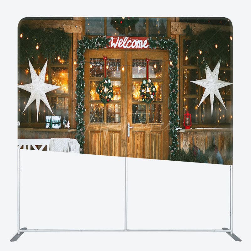 Aperturee - Aperturee Welcome Wooden Door Snowy Christmas Pillow Case Backdrop