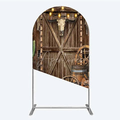 Aperturee - Aperturee Western Cowboy Arch Backdrop Saloon Wood Door with Bull Skull and Barrel Background Rustic Birthday Party Decor