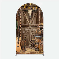 Aperturee - Aperturee Western Cowboy Arch Backdrop Saloon Wood Door with Bull Skull and Barrel Background Rustic Birthday Party Decor