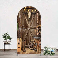 Aperturee - Aperturee Western Cowboy Arch Backdrop Saloon Wood Door with Bull Skull and Barrel Background Rustic Birthday Party Decor