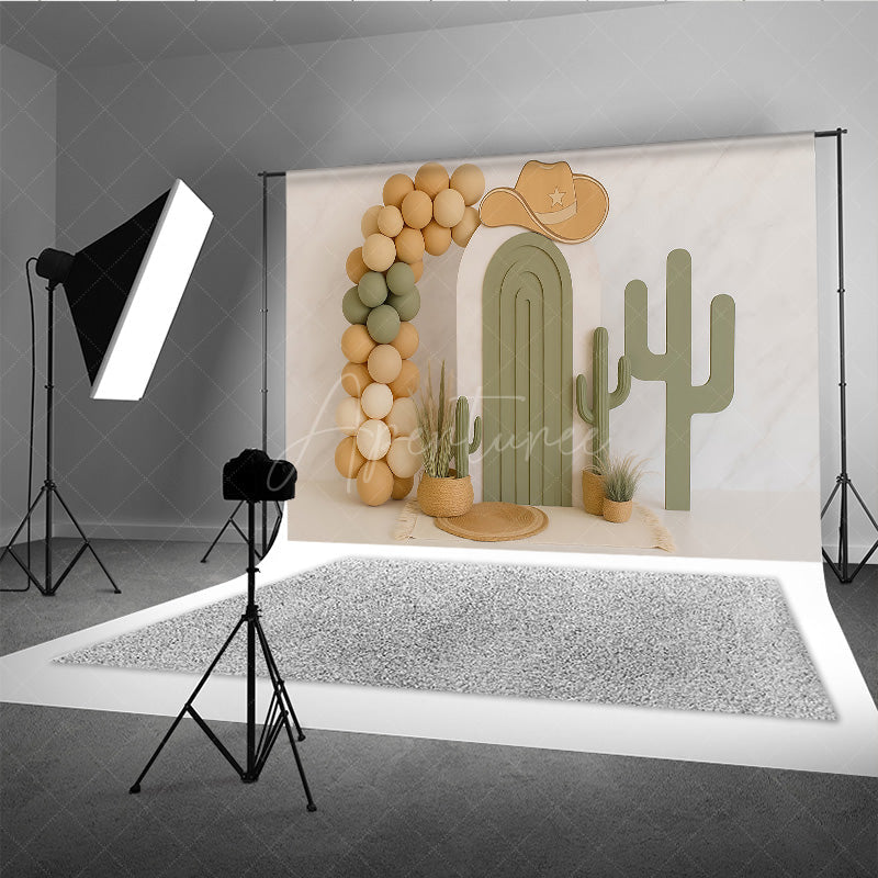 Aperturee Aperturee Western Cowboy Cake Smash Backdrop My First Rodeo and Cactus Theme Neutral Balloon Arch First Birthday Photo Prop