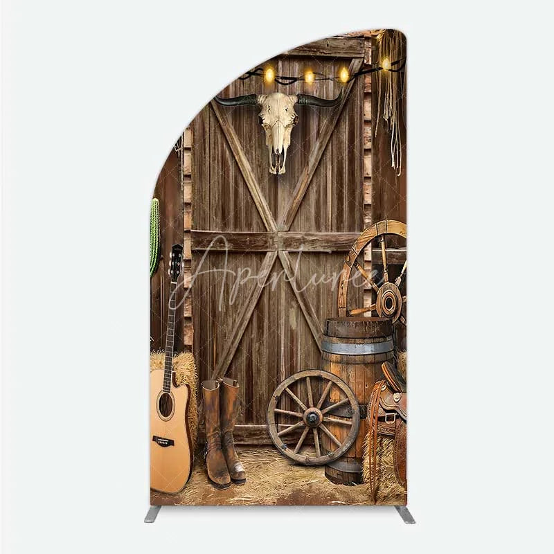 Aperturee - Aperturee Western Cowboy Half Moon Arch Backdrop Saloon Wood Door with Bull Skull and Barrel Background Rustic Birthday Party