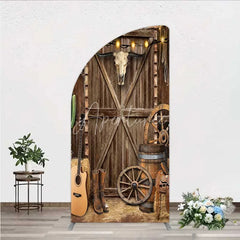 Aperturee - Aperturee Western Cowboy Half Moon Arch Backdrop Saloon Wood Door with Bull Skull and Barrel Background Rustic Birthday Party