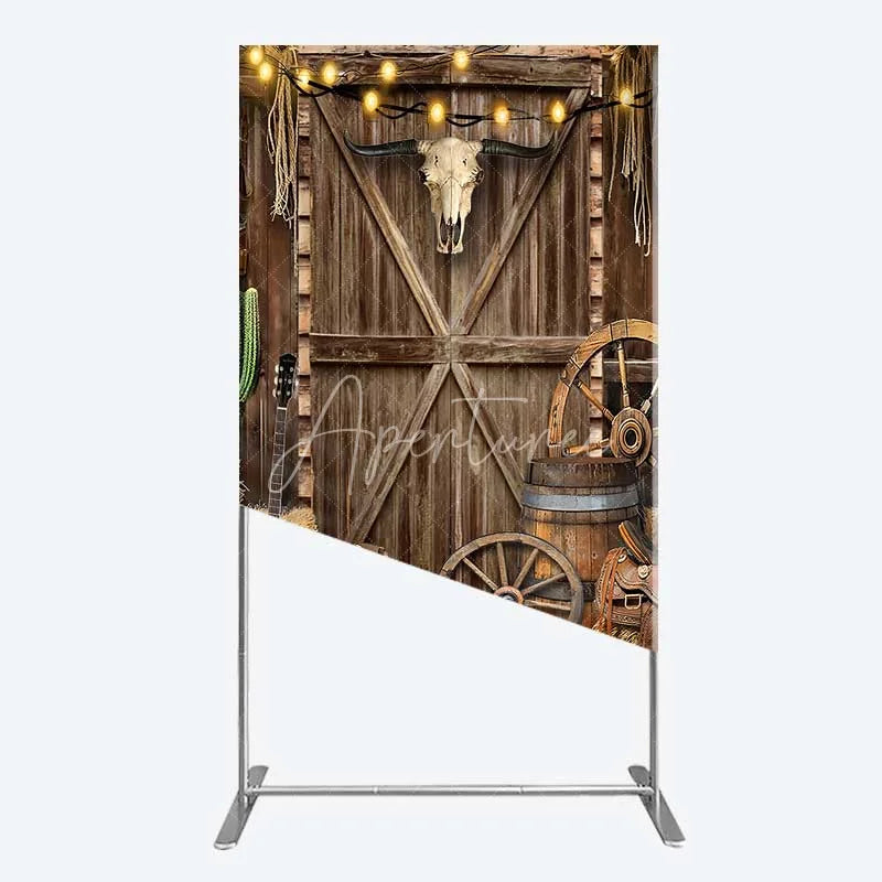 Aperturee - Aperturee Western Cowboy Rectangle Backdrop Saloon Wood Door with Bull Skull and Barrel Background Rustic Birthday Party Decor