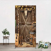 Aperturee - Aperturee Western Cowboy Rectangle Backdrop Saloon Wood Door with Bull Skull and Barrel Background Rustic Birthday Party Decor