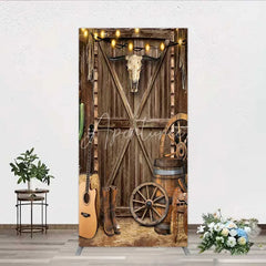 Aperturee - Aperturee Western Cowboy Rectangle Backdrop Saloon Wood Door with Bull Skull and Barrel Background Rustic Birthday Party Decor