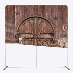 Aperturee - Aperturee Western Saloon Tension Fabric Backdrop Rustic Barn Door and Hay Bales Wild West Cowboy Themed Photo Prop