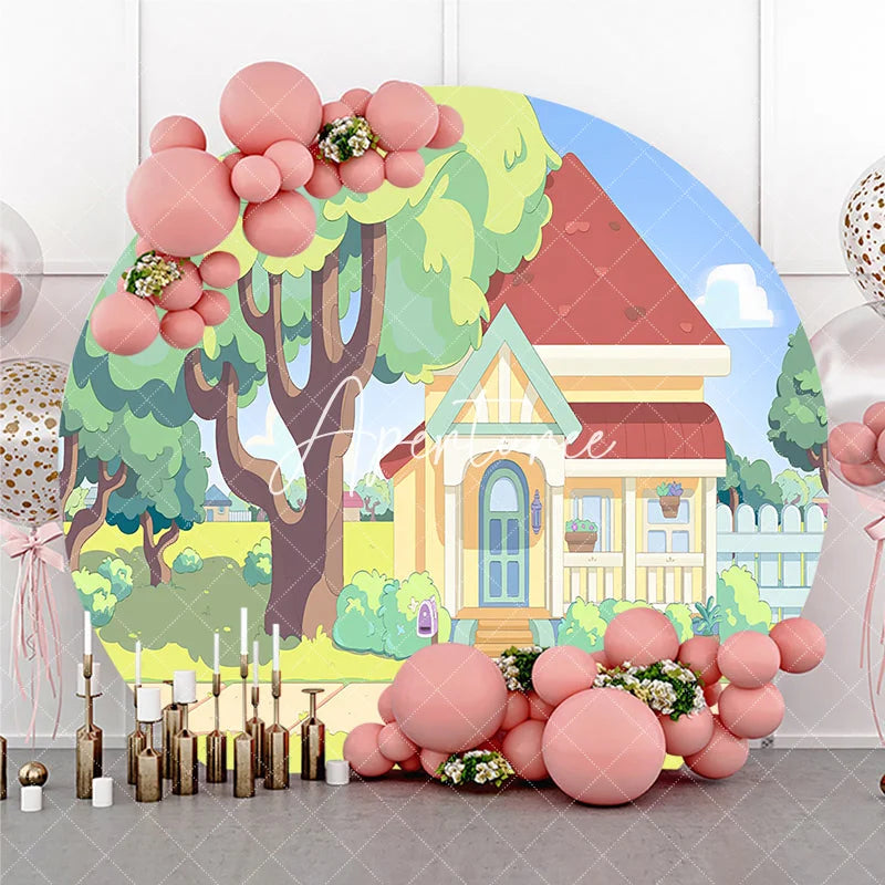 Aperturee - Aperturee Whimsical Animated Family House with Red Roof and Green Trees Round Backdrop Sunny Day Kids Birthday Party Decoration