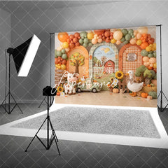 Aperturee - Aperturee Whimsical Autumn Farm Photography Backdrop with Barn Windmill Cow Goose and Fall Balloons for Baby Shower Birthday