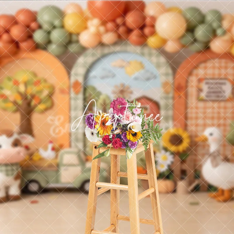 Aperturee - Aperturee Whimsical Autumn Farm Photography Backdrop with Barn Windmill Cow Goose and Fall Balloons for Baby Shower Birthday