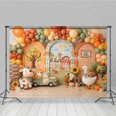 Aperturee - Aperturee Whimsical Autumn Farm Photography Backdrop with Barn Windmill Cow Goose and Fall Balloons for Baby Shower Birthday