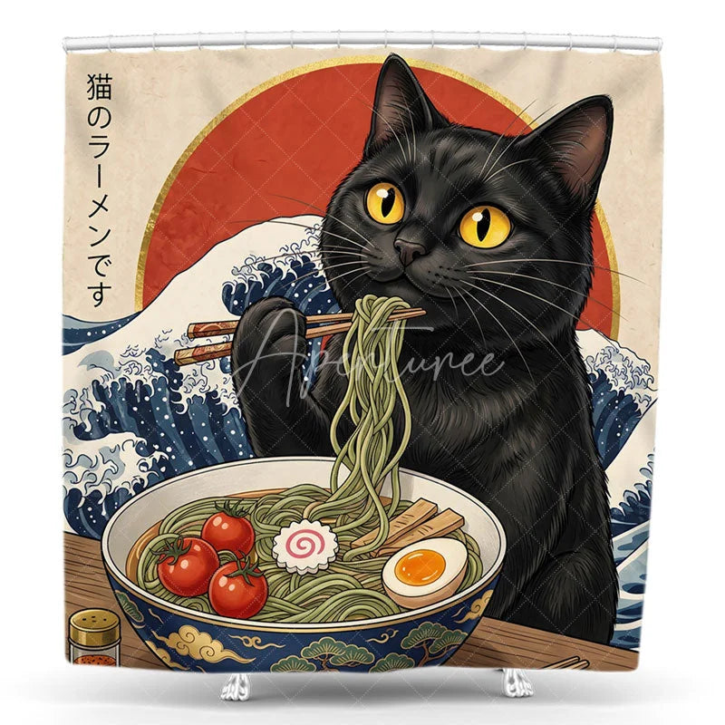 Aperturee - Aperturee Whimsical Black Cat Eating Ramen Shower Curtain Japanese Great Wave and Red Sun Art Design for Bathroom Decor