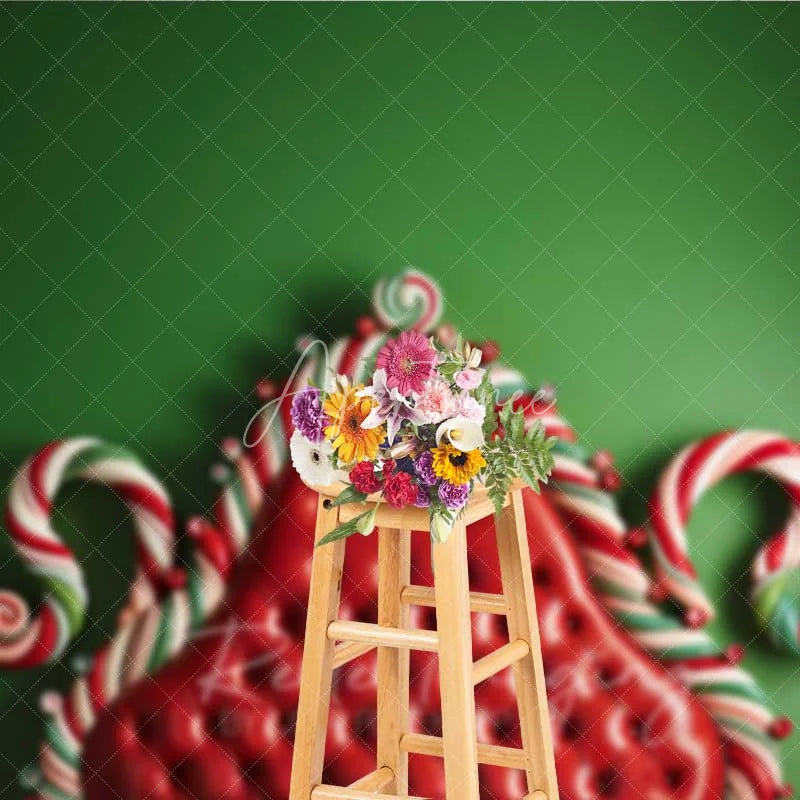 Aperturee - Aperturee Whimsical Candy Bed Backdrop Red Tufted Headboard Green Wall Candy Cane Frame Photo Background