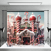 Aperturee - Aperturee Whimsical Candy House Photography Backdrop with Red and White Candy Canes Snowy Winter Wonderland Holiday Decor