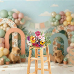 Aperturee - Aperturee Whimsical Capybara Jungle River Photography Backdrop with Pastel Balloons and Arches Birthday Baby Shower Party Decor