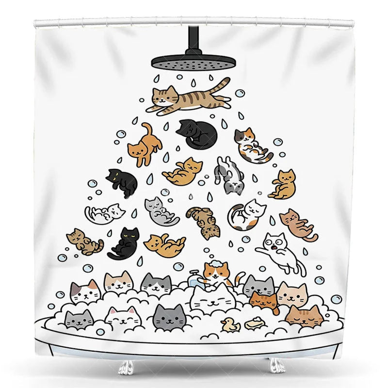 Aperturee - Aperturee Whimsical Cartoon Cats Shower Curtain Funny Kittens Playing in Bathtub with Bubbles Cute Bathroom Decor