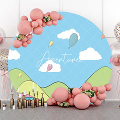 Aperturee - Aperturee Whimsical Cartoon Hot Air Balloon Round Backdrop Colorful Sky and Striped Hills for Kids Birthday Party