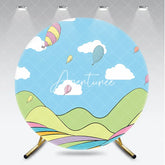 Aperturee - Aperturee Whimsical Cartoon Hot Air Balloon Round Backdrop Colorful Sky and Striped Hills for Kids Birthday Party