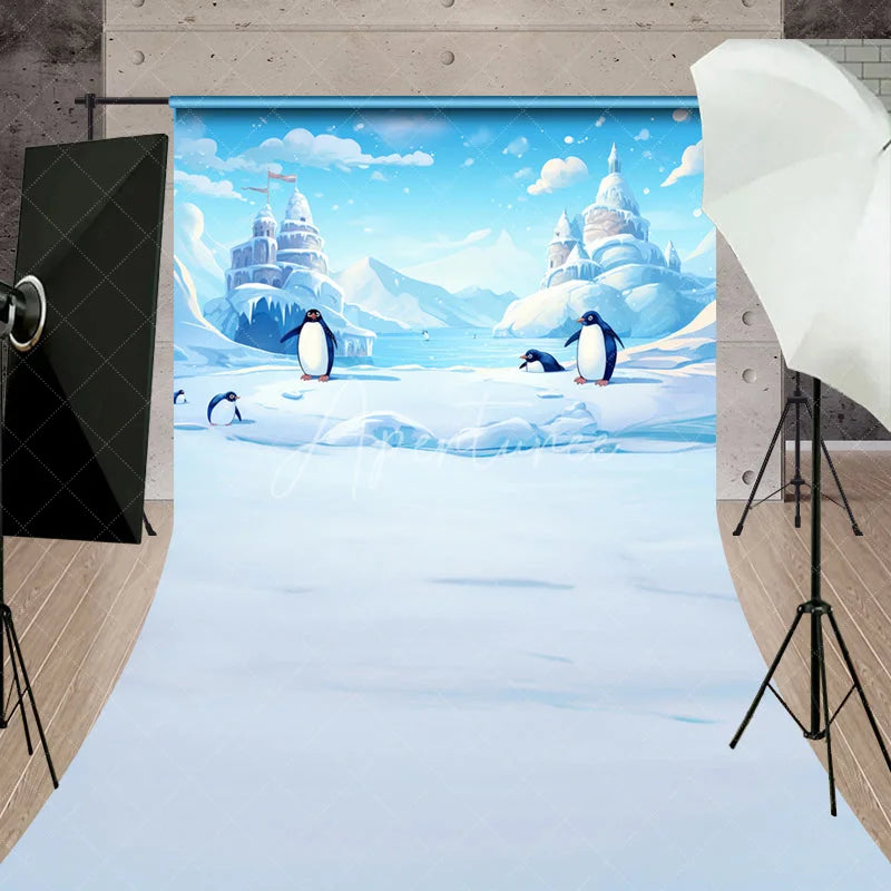 Aperturee - Aperturee Whimsical Cartoon Penguin Winter Wonderland Sweep Backdrop Icy Castle Landscape for Kids Party