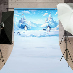 Aperturee - Aperturee Whimsical Cartoon Penguin Winter Wonderland Sweep Backdrop Icy Castle Landscape for Kids Party