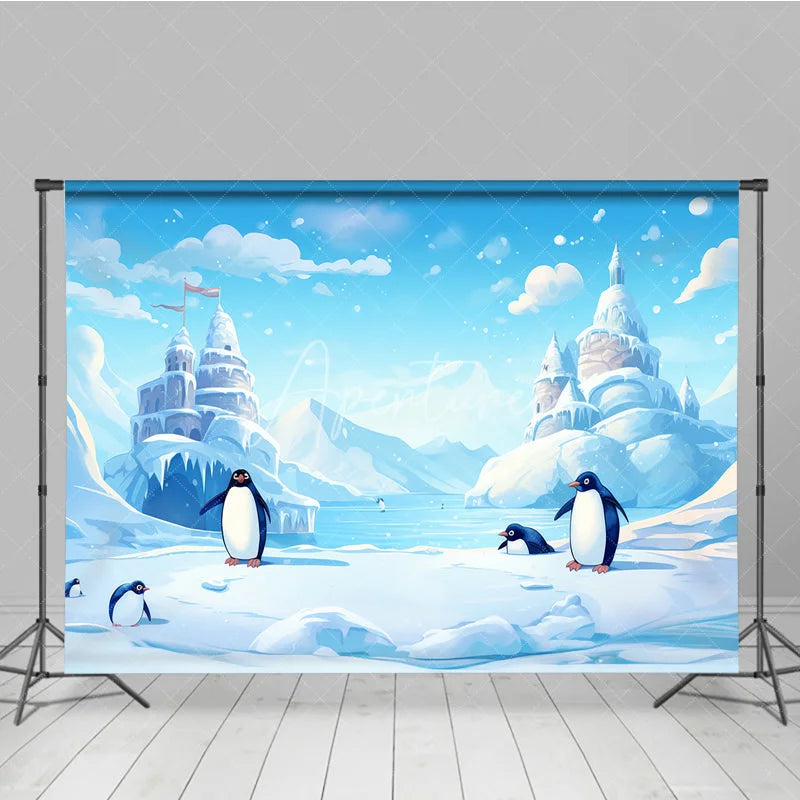 Aperturee - Aperturee Whimsical Cartoon Penguins and Ice Castle Photography Backdrop Winter Wonderland Arctic Scene for Kids