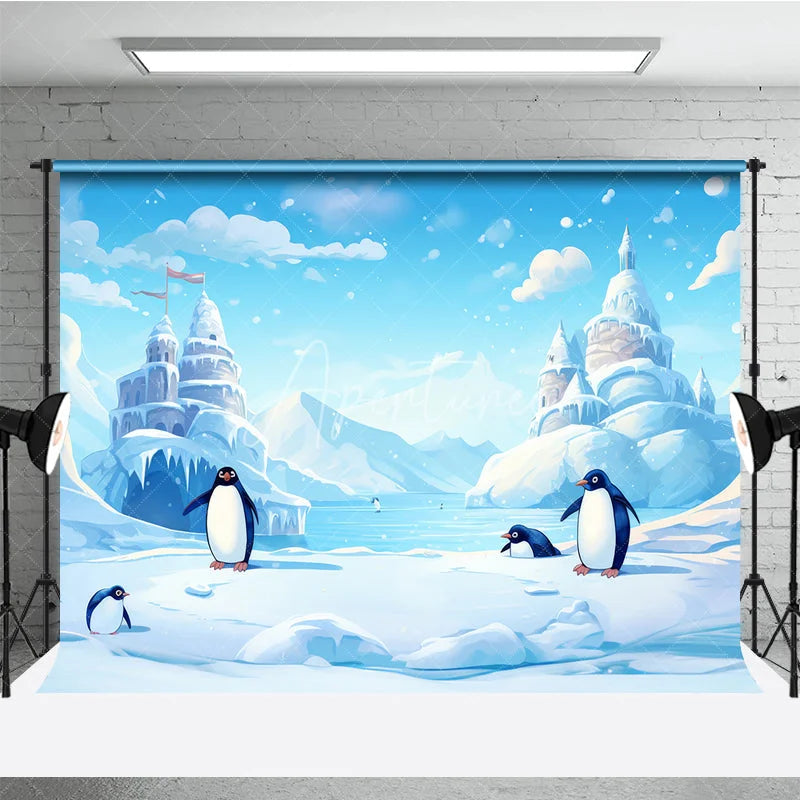 Aperturee - Aperturee Whimsical Cartoon Penguins and Ice Castle Photography Backdrop Winter Wonderland Arctic Scene for Kids