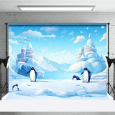 Aperturee - Aperturee Whimsical Cartoon Penguins and Ice Castle Photography Backdrop Winter Wonderland Arctic Scene for Kids