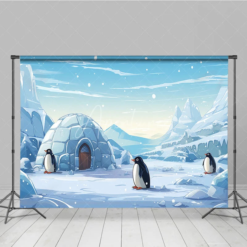 Aperturee - Aperturee Whimsical Cartoon Penguins and Igloo Winter Photography Backdrop Snowy Mountain Scene for Kids Party