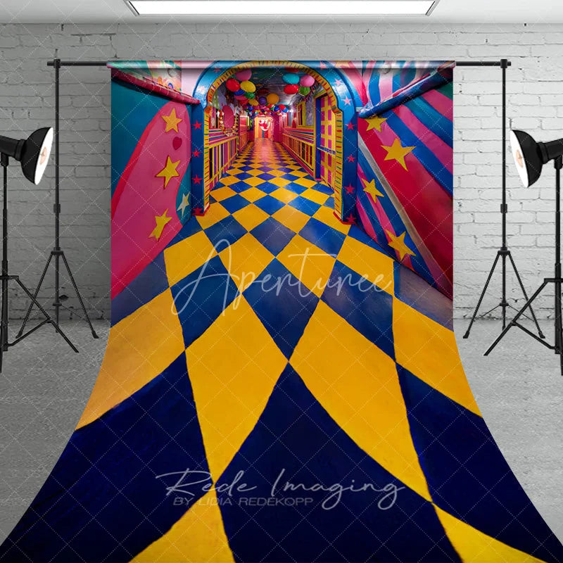 Aperturee - Aperturee Whimsical Checkered Hallway Fine Art Photography Backdrop Colorful Balloons Sweep Portrait Studio Background