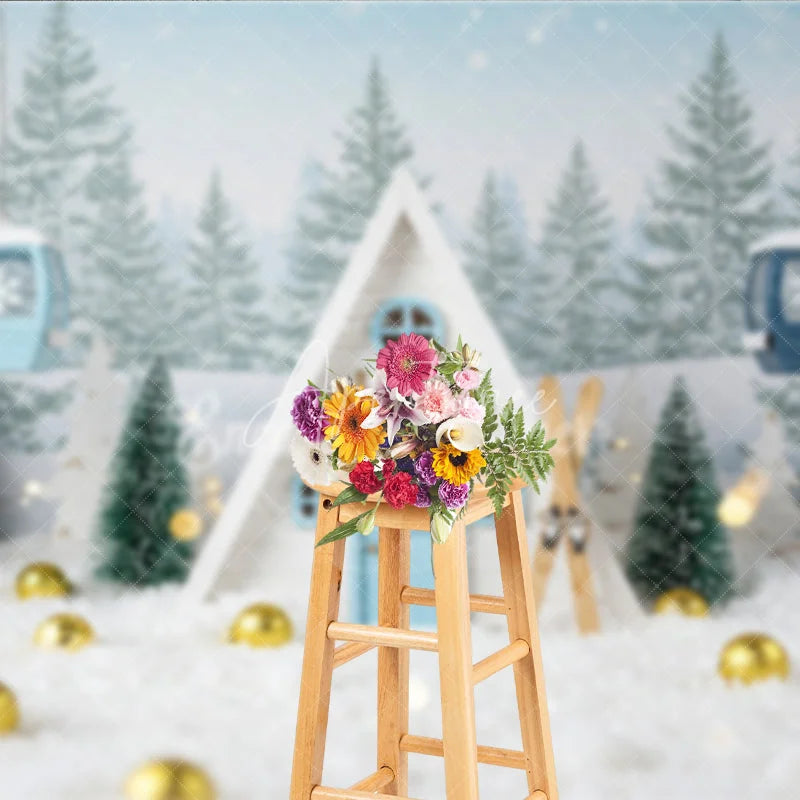 Aperturee - Aperturee Whimsical Christmas A-Frame Cabin Photography Backdrop Miniature Ski Lift in Snow Winter Holiday Photo Background