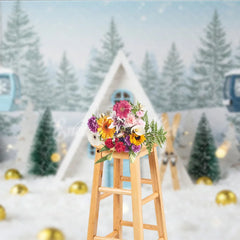 Aperturee - Aperturee Whimsical Christmas A-Frame Cabin Photography Backdrop Miniature Ski Lift in Snow Winter Holiday Photo Background