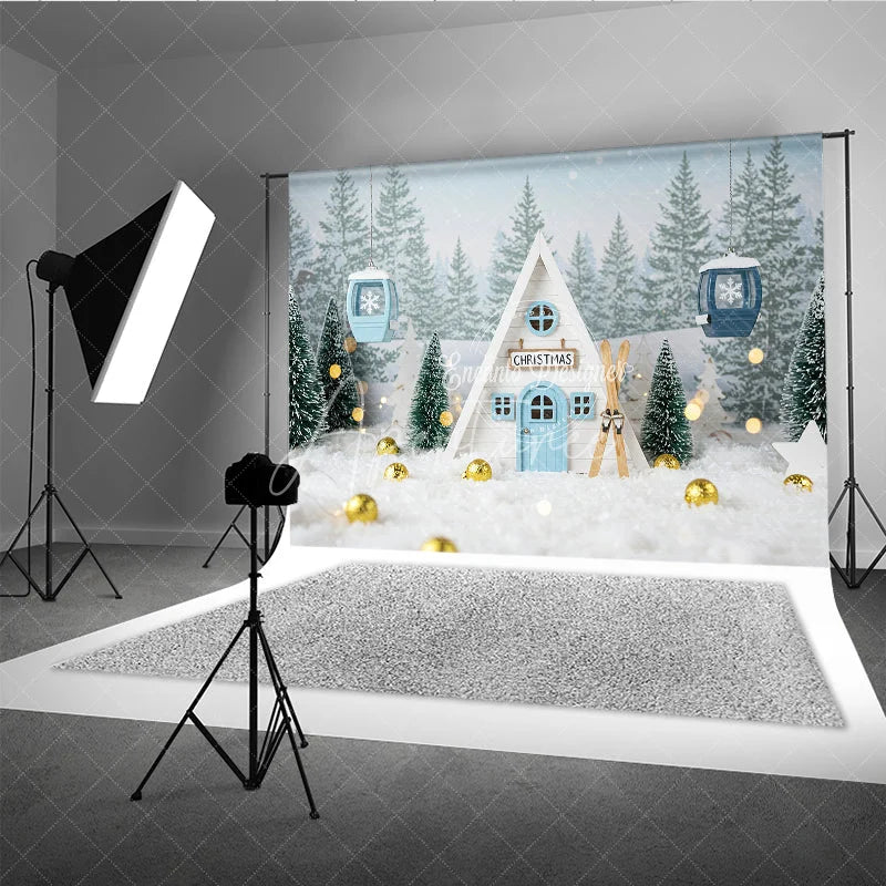 Aperturee - Aperturee Whimsical Christmas A-Frame Cabin Photography Backdrop Miniature Ski Lift in Snow Winter Holiday Photo Background