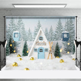 Aperturee - Aperturee Whimsical Christmas A-Frame Cabin Photography Backdrop Miniature Ski Lift in Snow Winter Holiday Photo Background