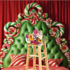 Aperturee Aperturee Whimsical Christmas Headboard Photography Backdrop Green Tufted Bed with Candy Canes Candyland Photo Prop