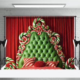 Aperturee Aperturee Whimsical Christmas Headboard Photography Backdrop Green Tufted Bed with Candy Canes Candyland Photo Prop